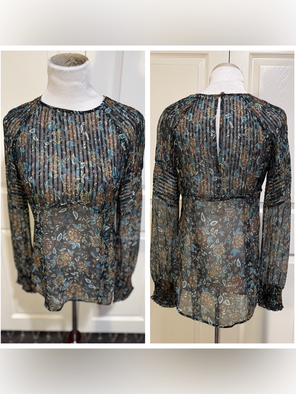 Veronica Beard Sz 2 Sheer Pleated Floral Empire Waist Blouse Long Sleeve